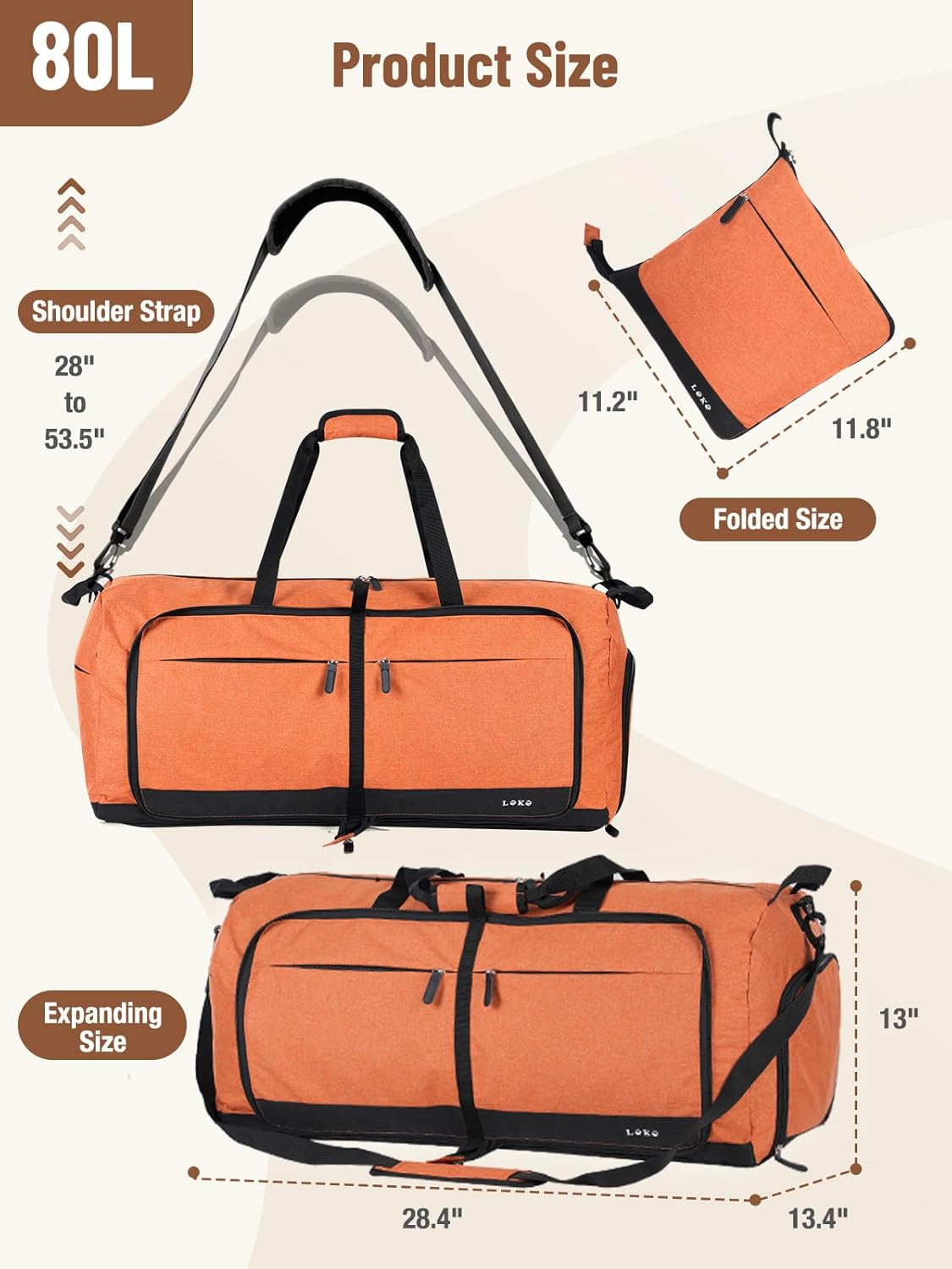 Lekesky Foldable Travel Duffel Bag for Women, 80L Large Duffle Bag with Separate Shoes Compartments & Straps, Carry On Weekend Bag for Women, Hospital, Overnight(Orange)