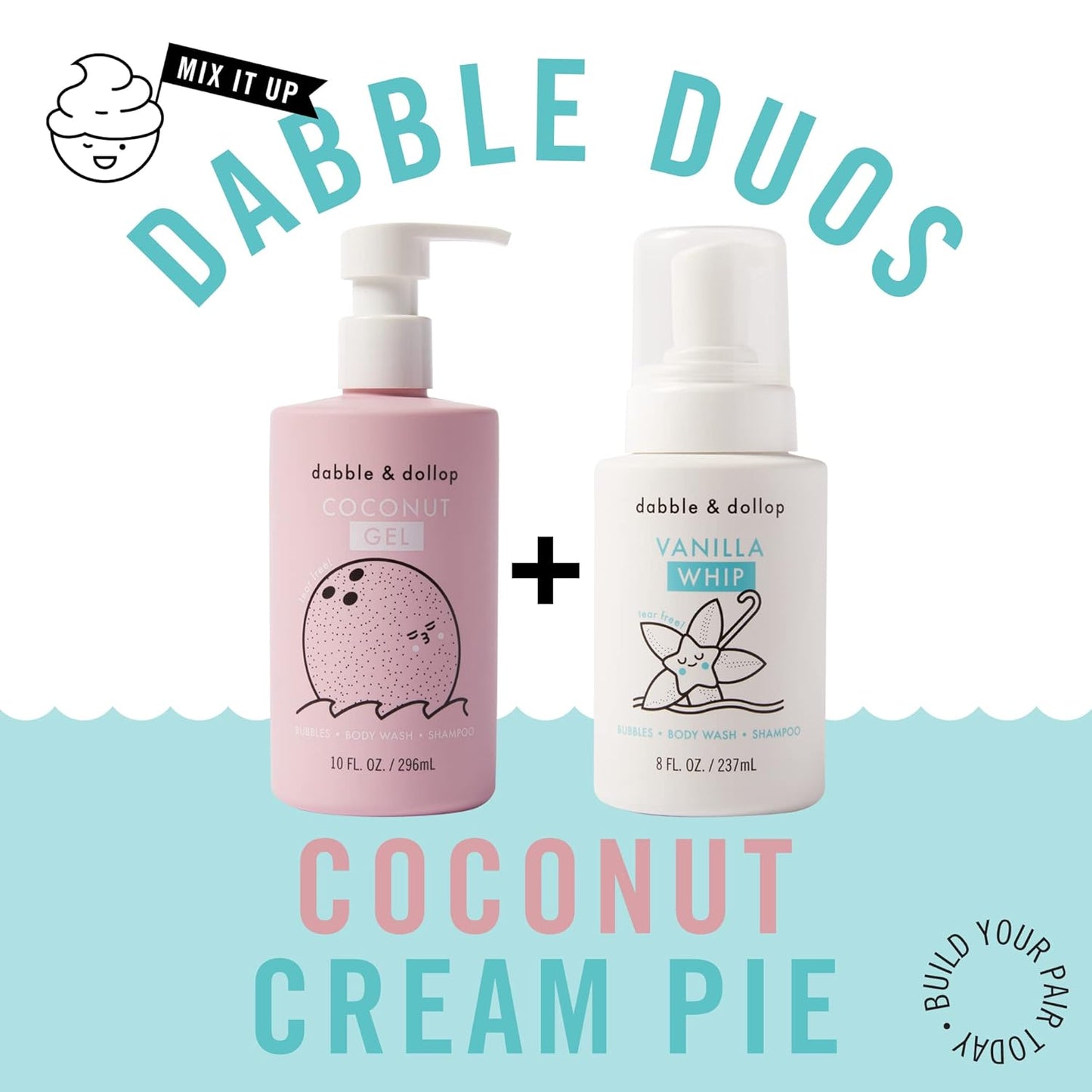 Dabble & Dollop Coconut + Vanilla Body Wash & Shampoo – 3-in-1 Natural Bubble Bath for Kids, Made in USA, No Parabens or Sulfates, Vegan, Gluten-Free, Tear-Free (2-Pack)