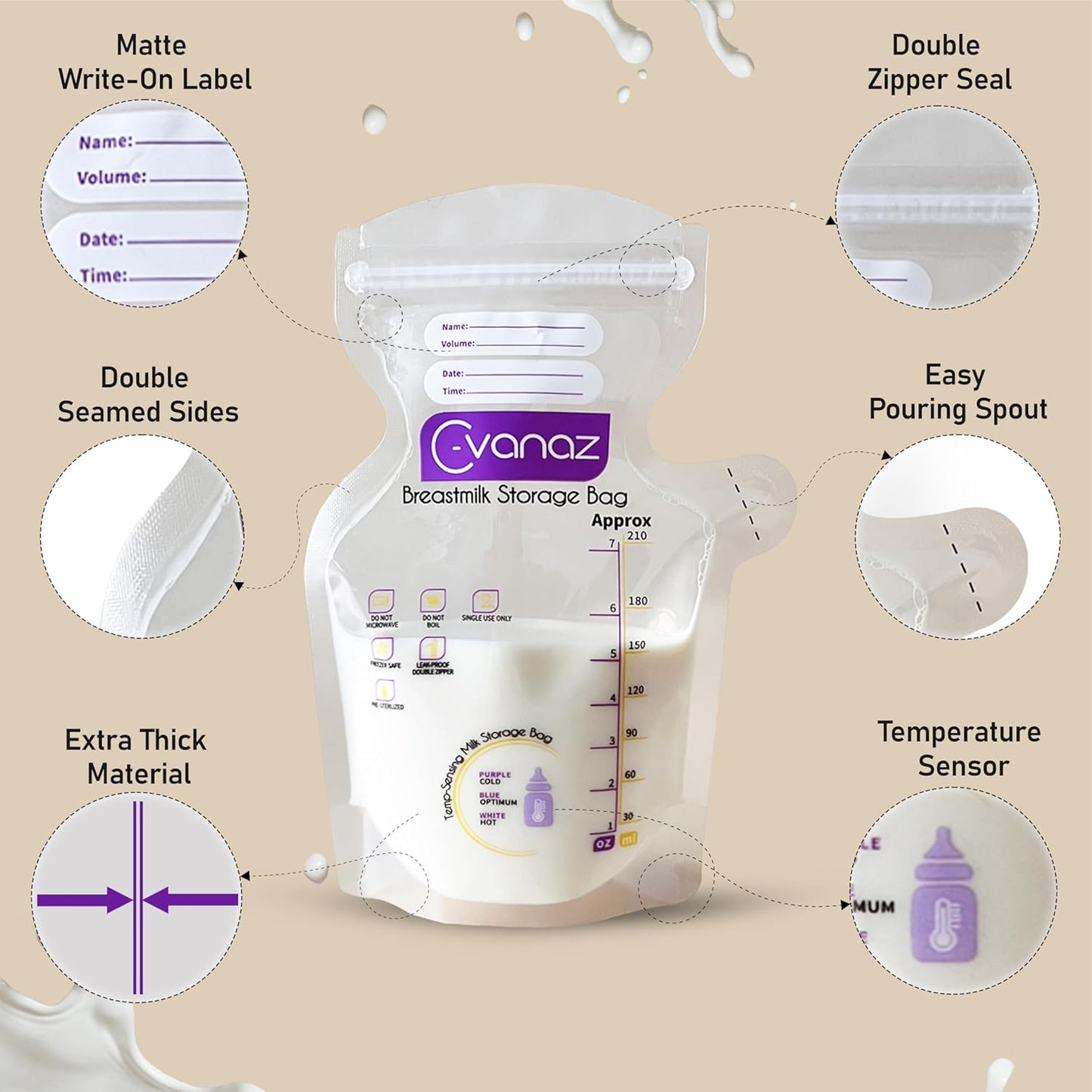Breastmilk Storage Bags,120 Count 7Oz / 210 ml, Temp-Sensing Color Change, No Leak, Freezer Safe Bag, Presterilized Milk Storage Bag, Self Standing, Easy Pour Spout Milk Bag, Extra Thick