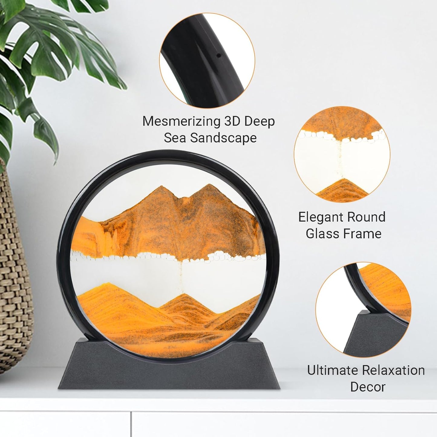 Drakswet Moving Sand Art Liquid Motion，Moving Sand Art Picture-3D Deep Sea Sandscape，Round Glass Frame Display Flowing Sand Relaxing Desktop Home Office Work Decor (Orange)