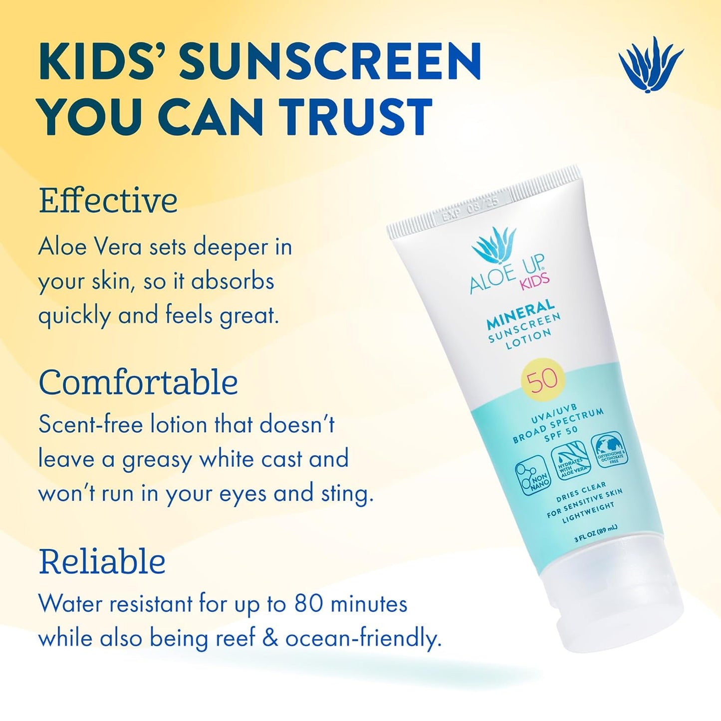 Aloe Up Kids Broad Spectrum Mineral Sunscreen Lotion SPF 50 - Face and Body Sunblock for Sensitive Skin - With Gen2 Zinc Oxide and Aloe Vera - Dries Clear - Reef Safe - Fragrance-Free - 3 Oz