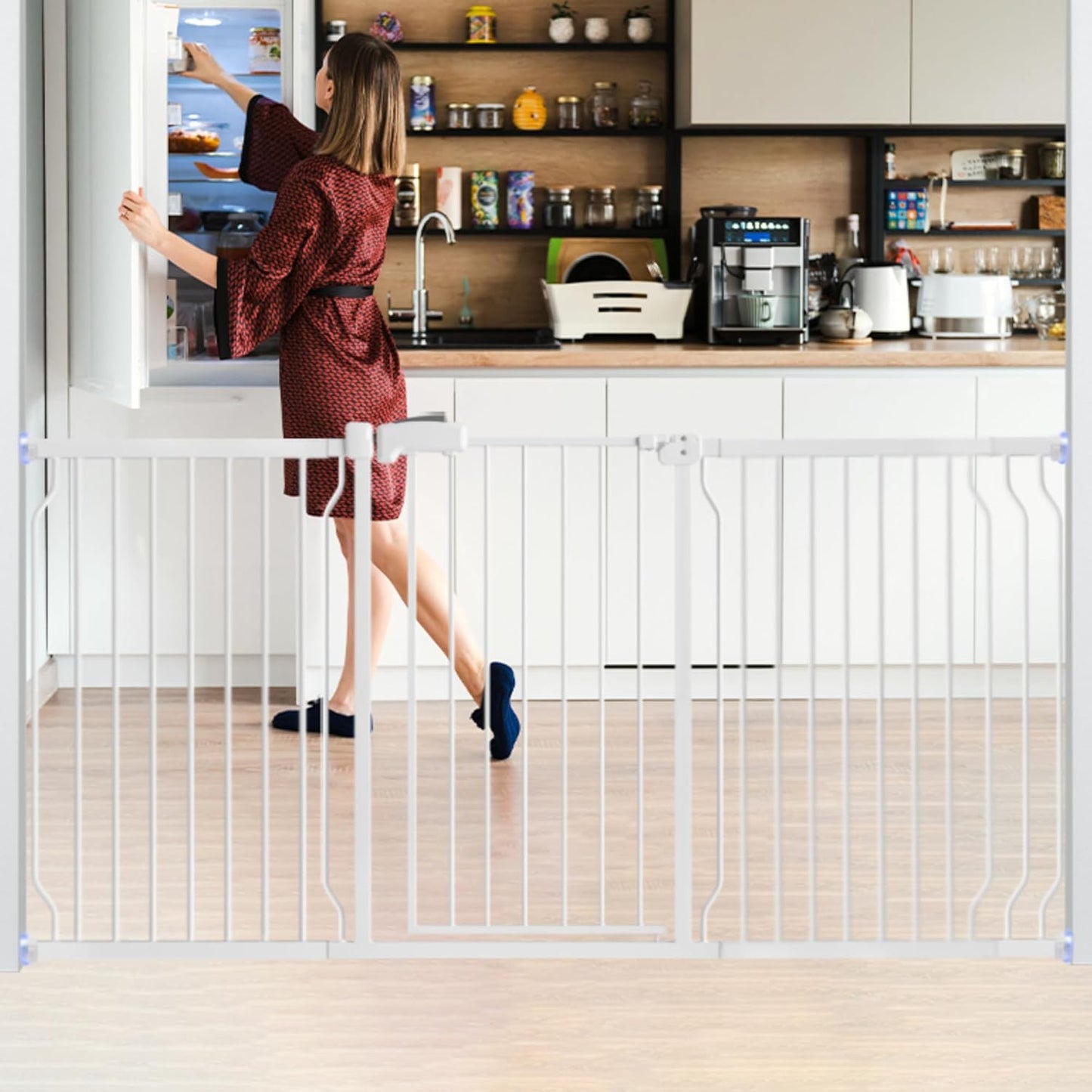 Extra Wide Baby Gate for Stairs Doorways with door, 30" Tall 66.5-75.8" Wide Easy Install Dog Gate indoor, Safety Metal Pressure Mounted Pet Gate with Walk-Thru Auto Close for the House, White