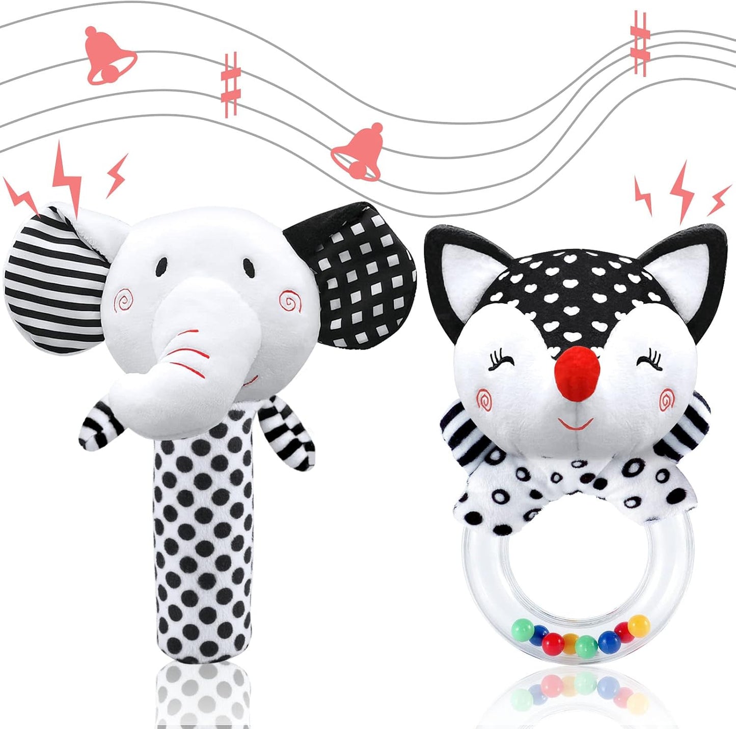 Baby Rattles & Toys - 0-3 Months, High Contrast Black & White Plush Stuffed Toys for Infants