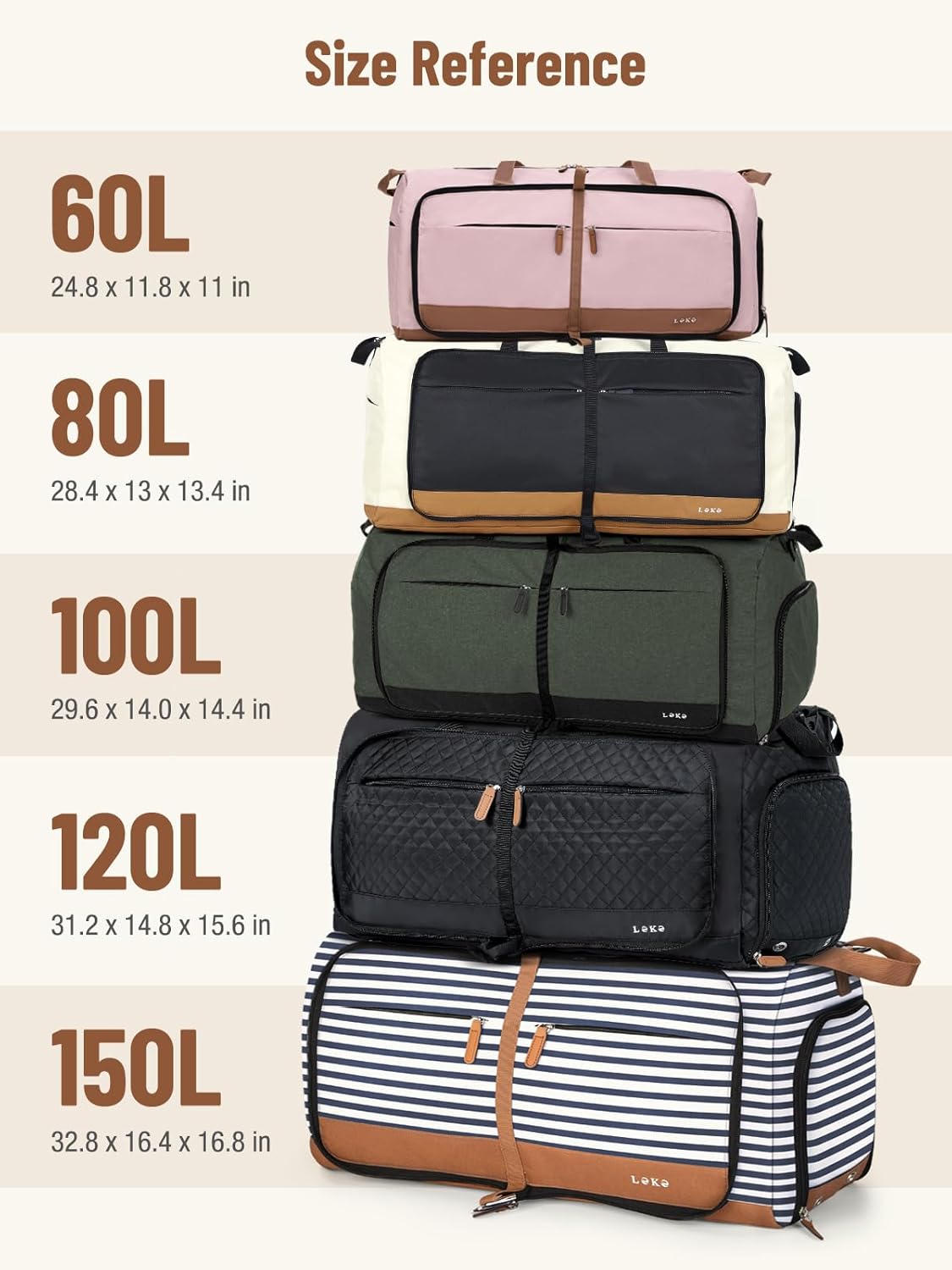 Lekesky Foldable Travel Duffle Bag for Women, Large Duffel Bag with Separate Shoes Compartments & Straps, Carry On Weekend Bag for Women, Hospital, Overnight (Camel & Brown, 80L)