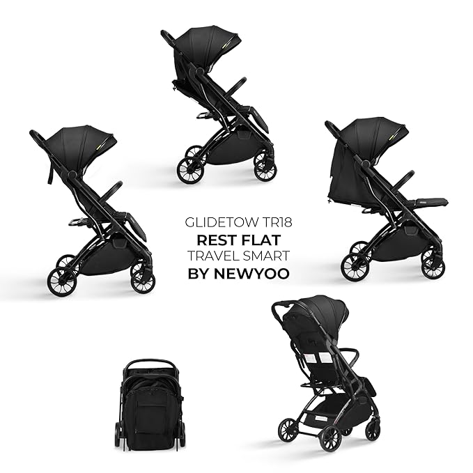 newyoo GlideTow TR18M Lightweight Travel Stroller for Toddlers, Compact Foldable Baby/Infant Stroller with Luggage Handle & Cup Holder, One-Hand Easy Fold, Lay-Flat Seat, Black