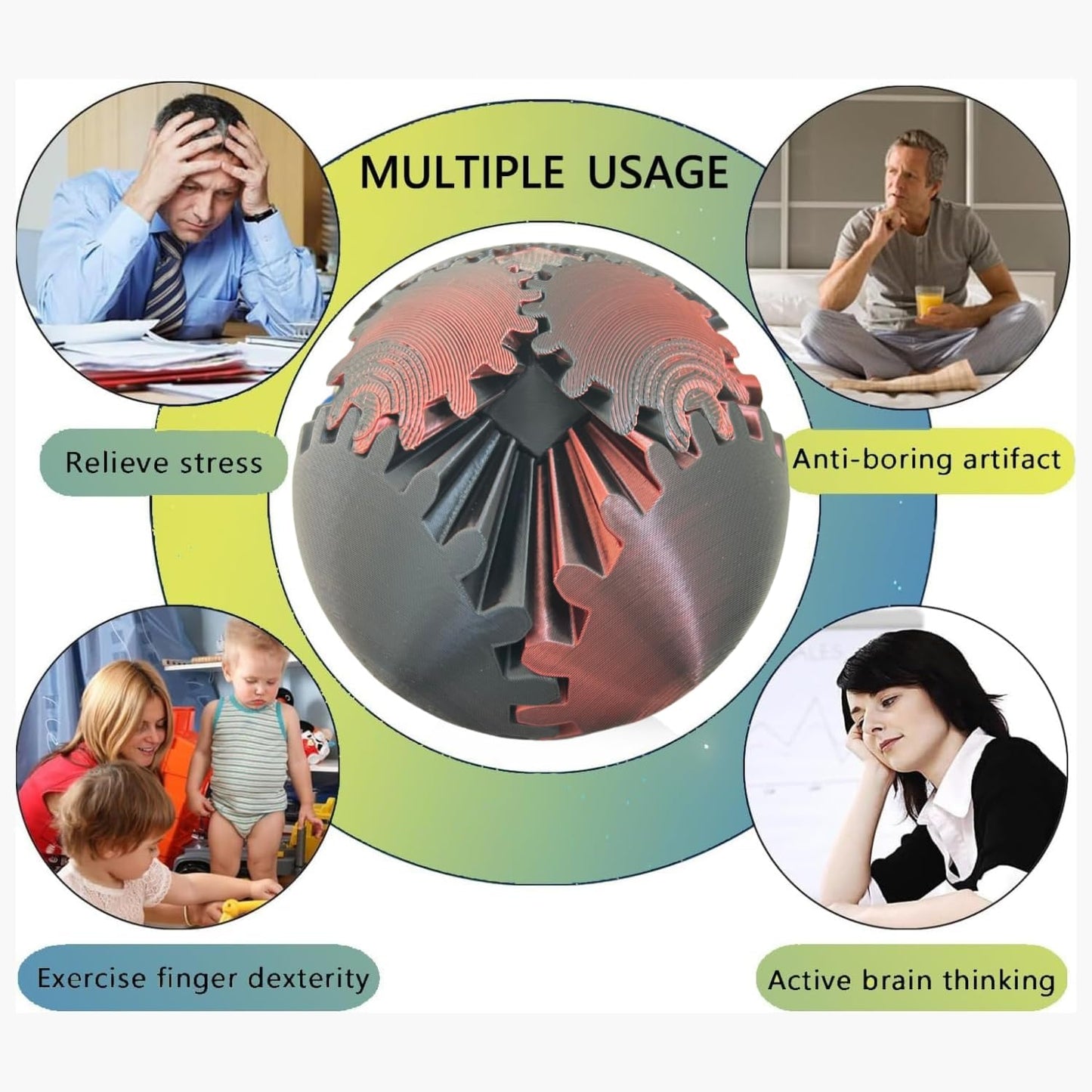 Gear Ball, 3D Printed Gear Ball Spin Ball Cube Fidget Toy, Gear Sphere, Gear Ball Fidget Toy, Stress Ball, GearSphere Desk Toy, Fidget Ball, Gear Toy for Anxiety Relaxing (Laser Dark Red)