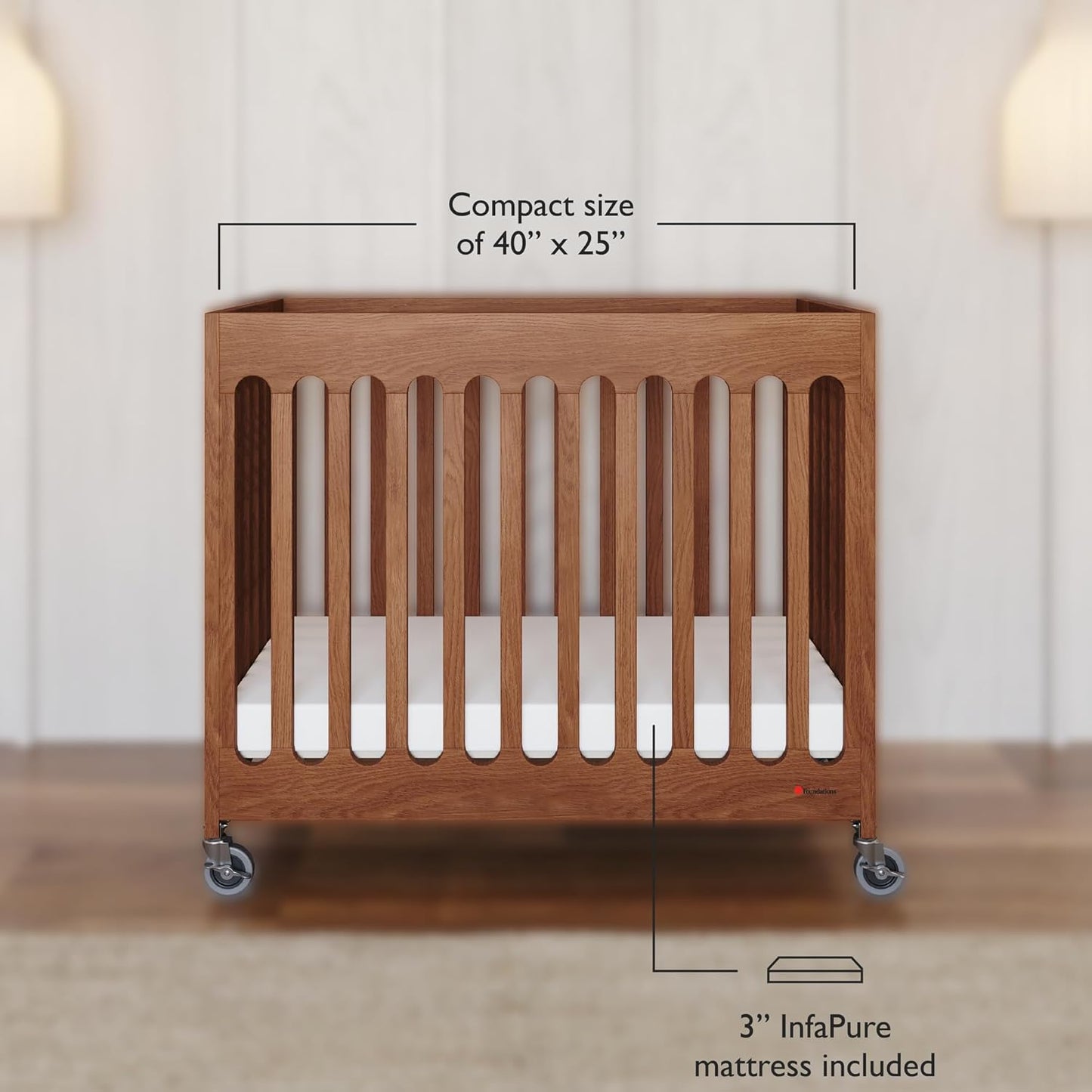 Foundations Boutique Folding Mini Baby Crib - Compact, Portable, Wooden Hotel Crib, Foldable Compact Cribs for Baby & Toddlers - Includes 3" Foam Mattress - Cherry