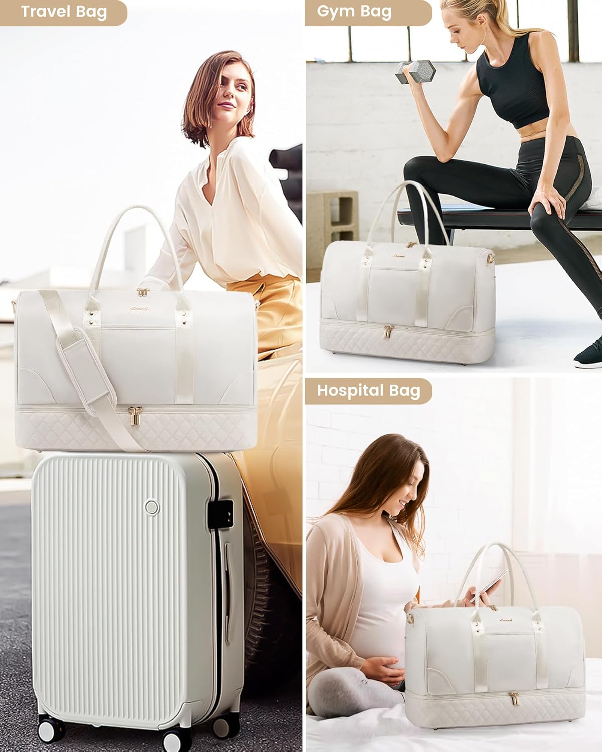 LOVEVOOK Travel Bag,Weekender Bag for Women Travel Duffle Bag with Shoe Compartment,Carry on Overnight Bag with Wet Pocket,Gym Yoga Duffel Bag,Hospital Bags for Labor and Delivery,3 Pcs Set