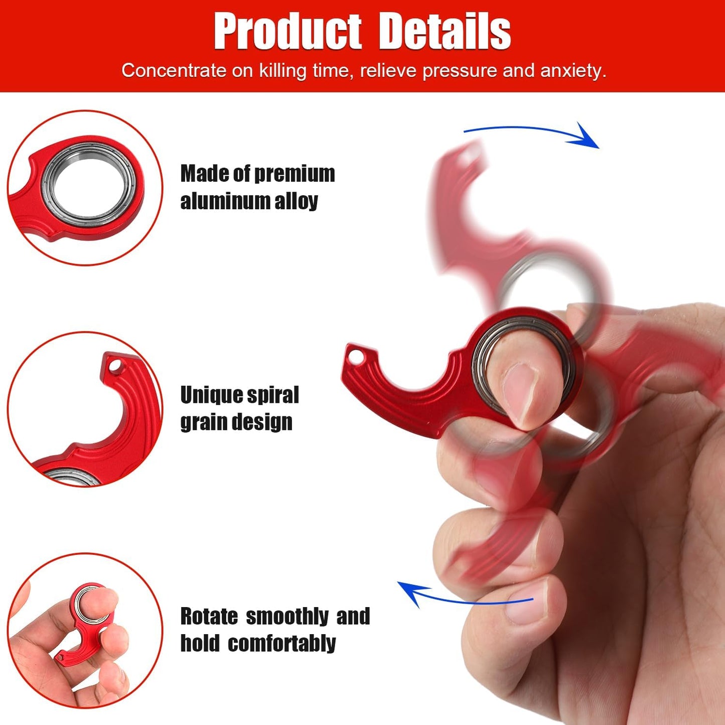 2pcs Key Chain Spinner Fidget Toy, Portable Finger Spinning Keychain with 2pcs Key Ring Funny Key Holder Toys for Adults Teens Finger Exercising (Red)