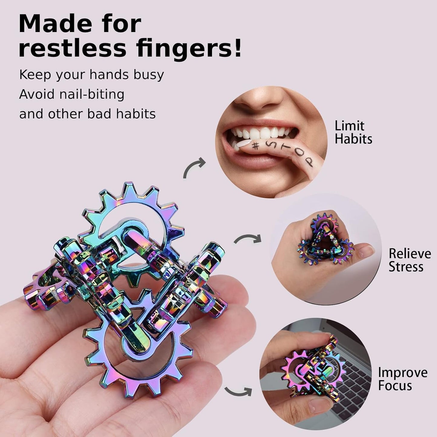 Infinity Gear Fidget Toy, Solid Metal Never Ending Flippy Novelty Kinetic Desk Toy, Relieve Stress, Anxiety, Promotes Focus, Keep Fingers/Hands Busy, Avoid Bad Habits (Rainbow)