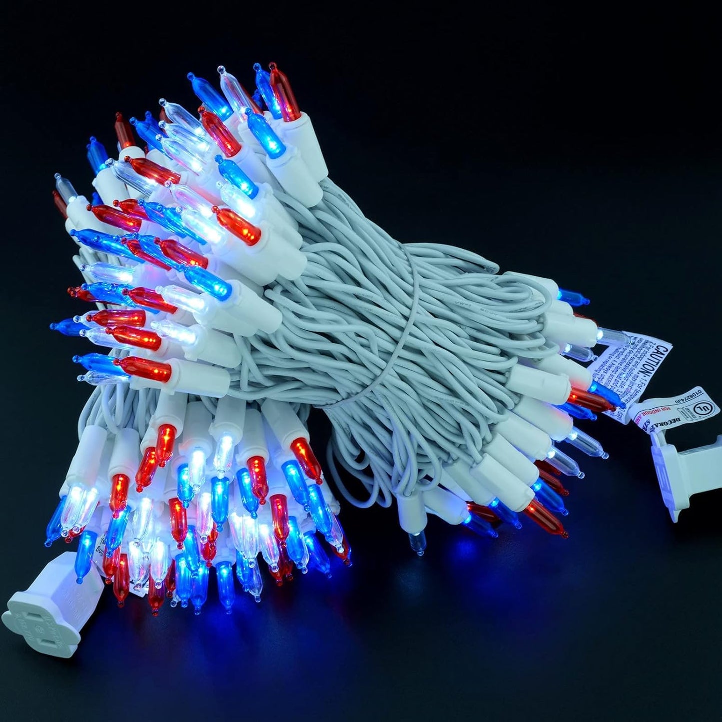 YULETIME 200 Count Red White & Blue LED Christmas Lights, 66 Feet White Wire UL Certified Commercial Grade Holiday String Light Set