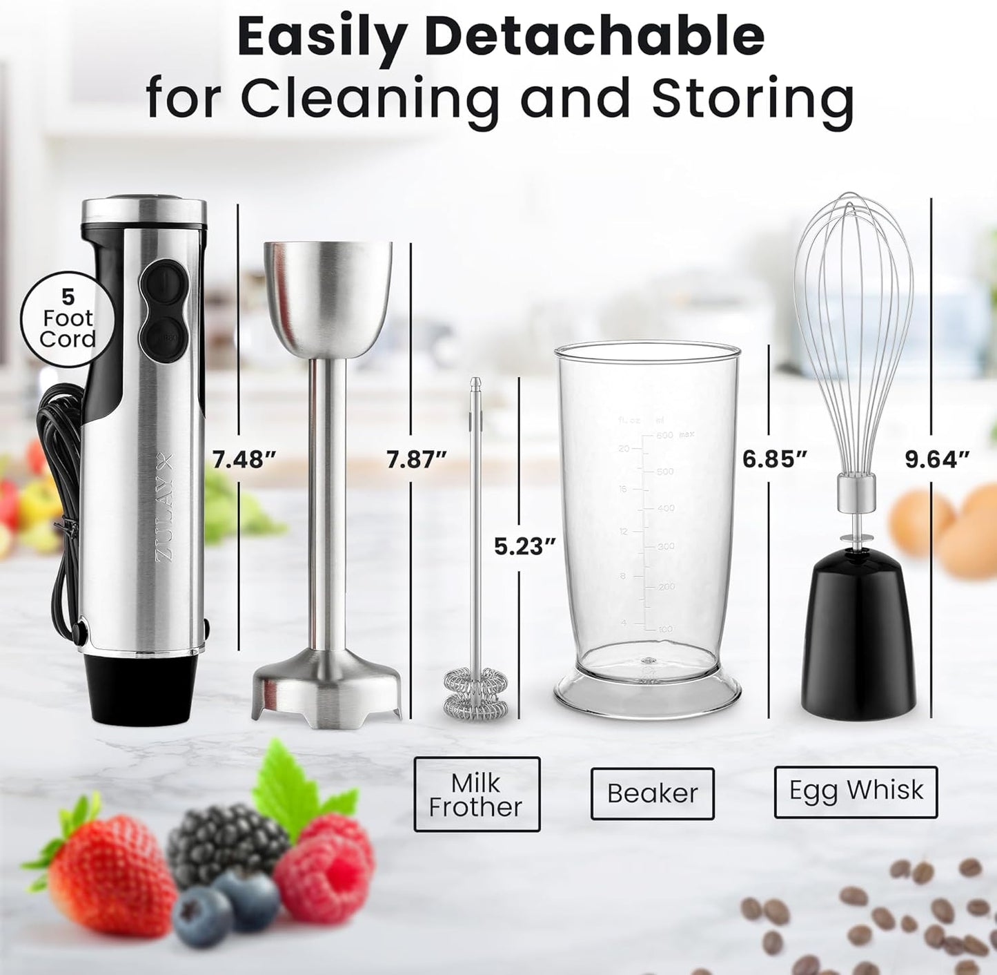 Zulay 4-in-1 Immersion Stick Mixer Hand Blender - 800 Watts, 12 Speeds, 5-ft Power Electric Cord, Handheld Portable, Stainless Steel Blades - With Whisk, Frother & Stick Blender Attachments - Black