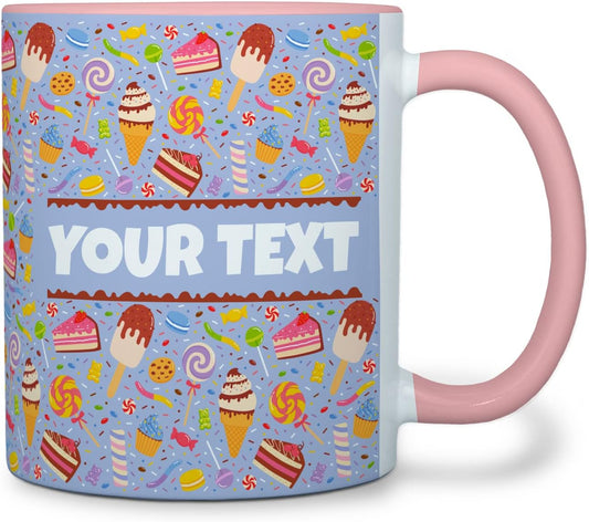 Personalized Mug for Kids - Sweets - Custom Name/Text, Ceramic Hot Chocolate/Cocoa/Coffee Cup for Boys/Girls, Birthday/Christmas/Holiday Gift - 11 oz, Pink Handle