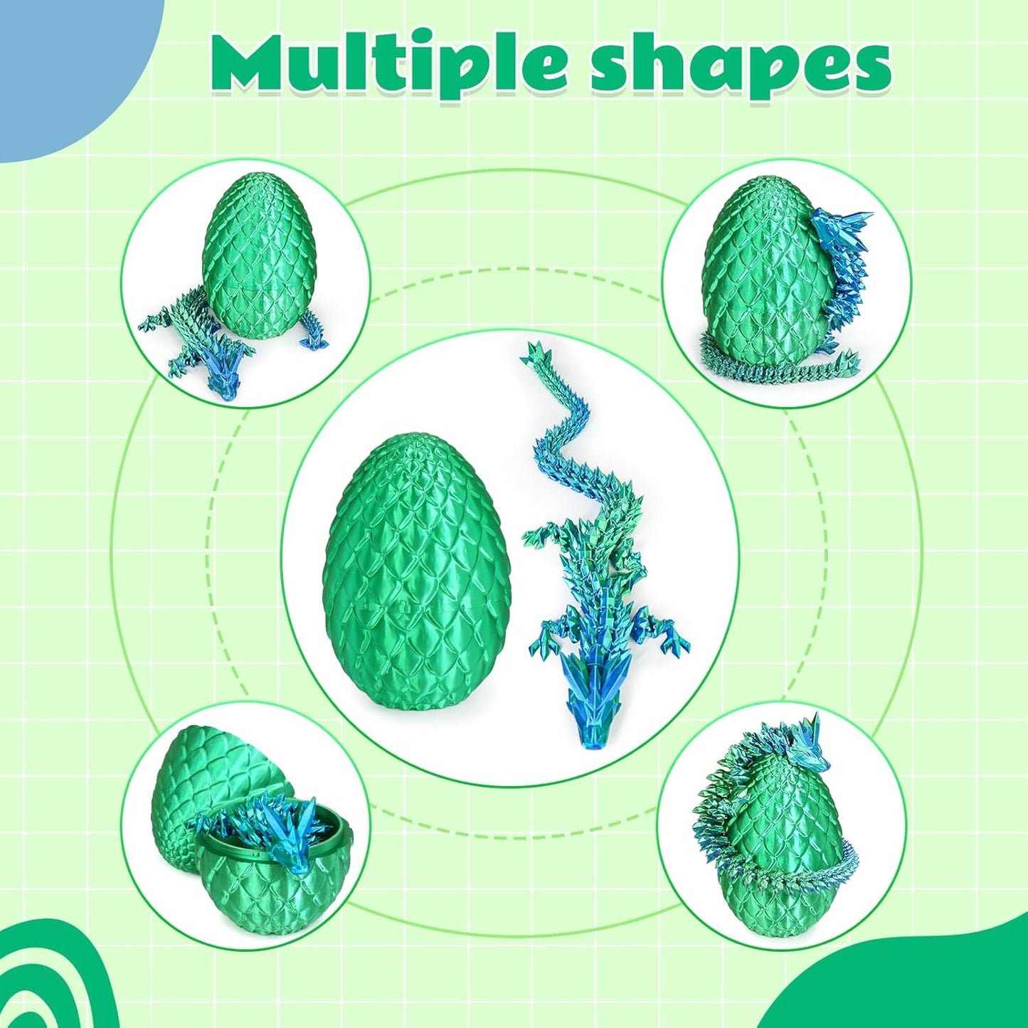 Dragon Eggs with Dragon Inside, 3D Printed Surprise Funny Gifts for Kids, Articulated Dragon Fidget Toys for Adults, Executive Desk Toys Office Room Décor (Christmas Green, M-Size)