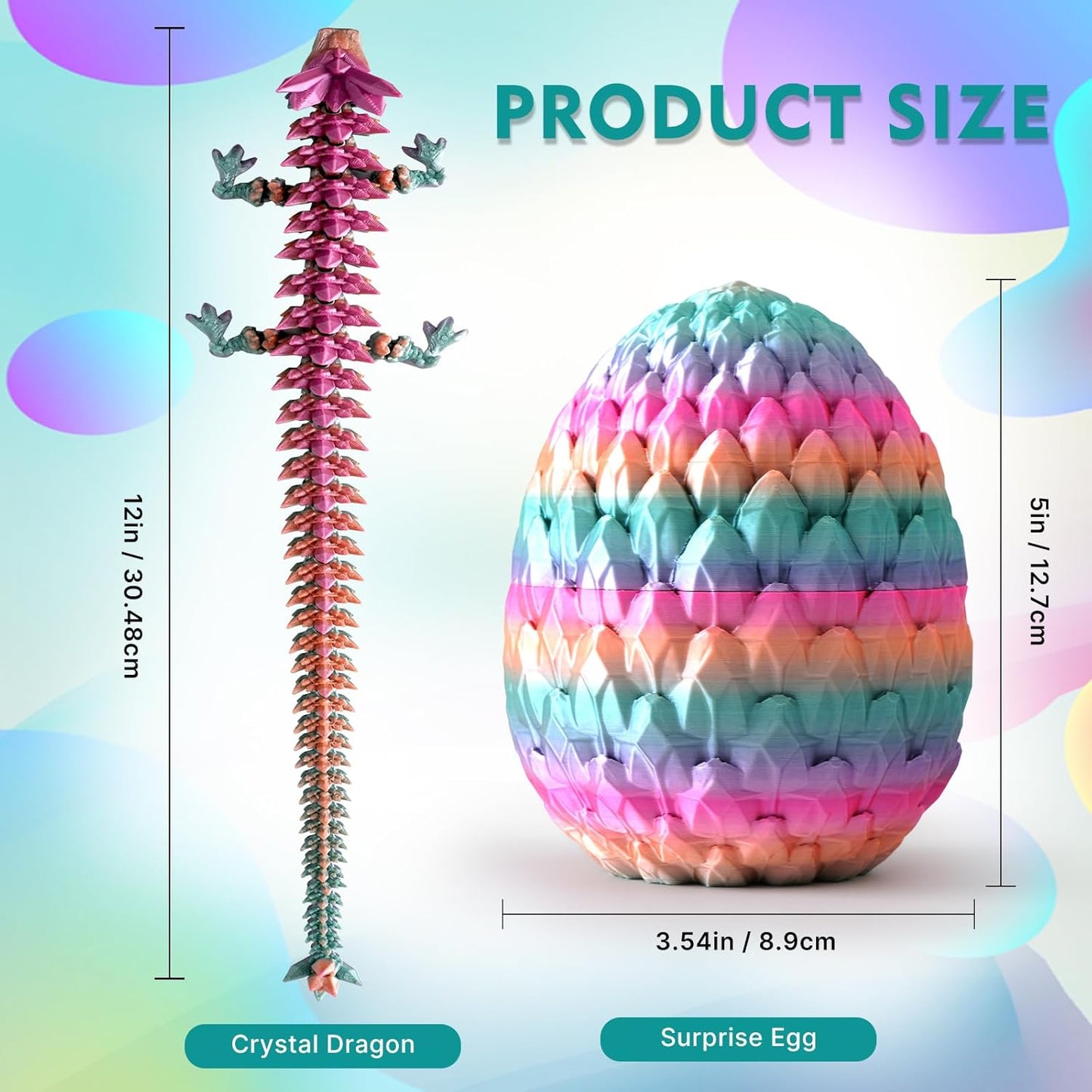 3D Printed Dragon in Eggs 12in Articulated Dragon Crystal Dragon Fidget Toy with Dragon Eggs Flexible Executive Desk Toys Home Office Decor (Crystal-Rainbow)