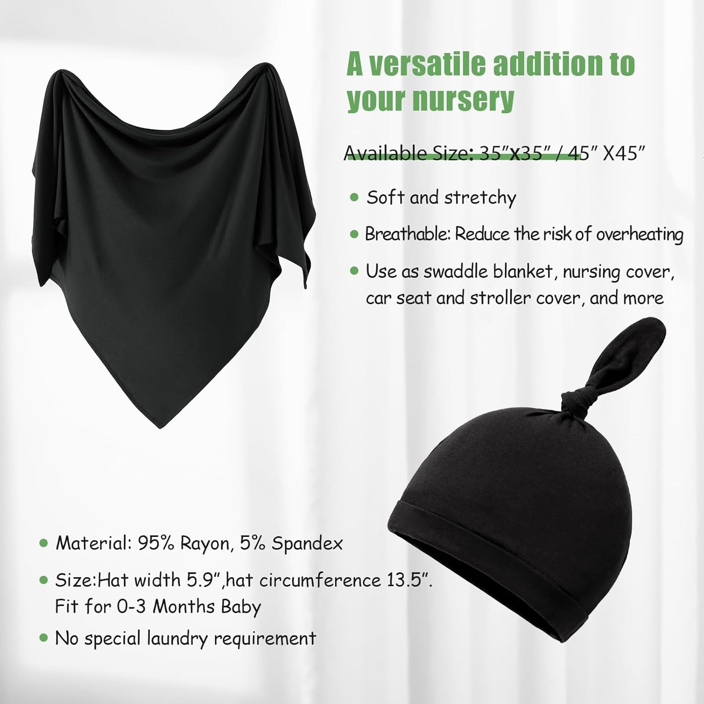 iEvolve Cotton Knitted Baby Swaddle Blanket with Hat Headband Set Newborn Swaddle Wrap Receiving Blankets for Baby Girl Boy 45" x 45"(Black)