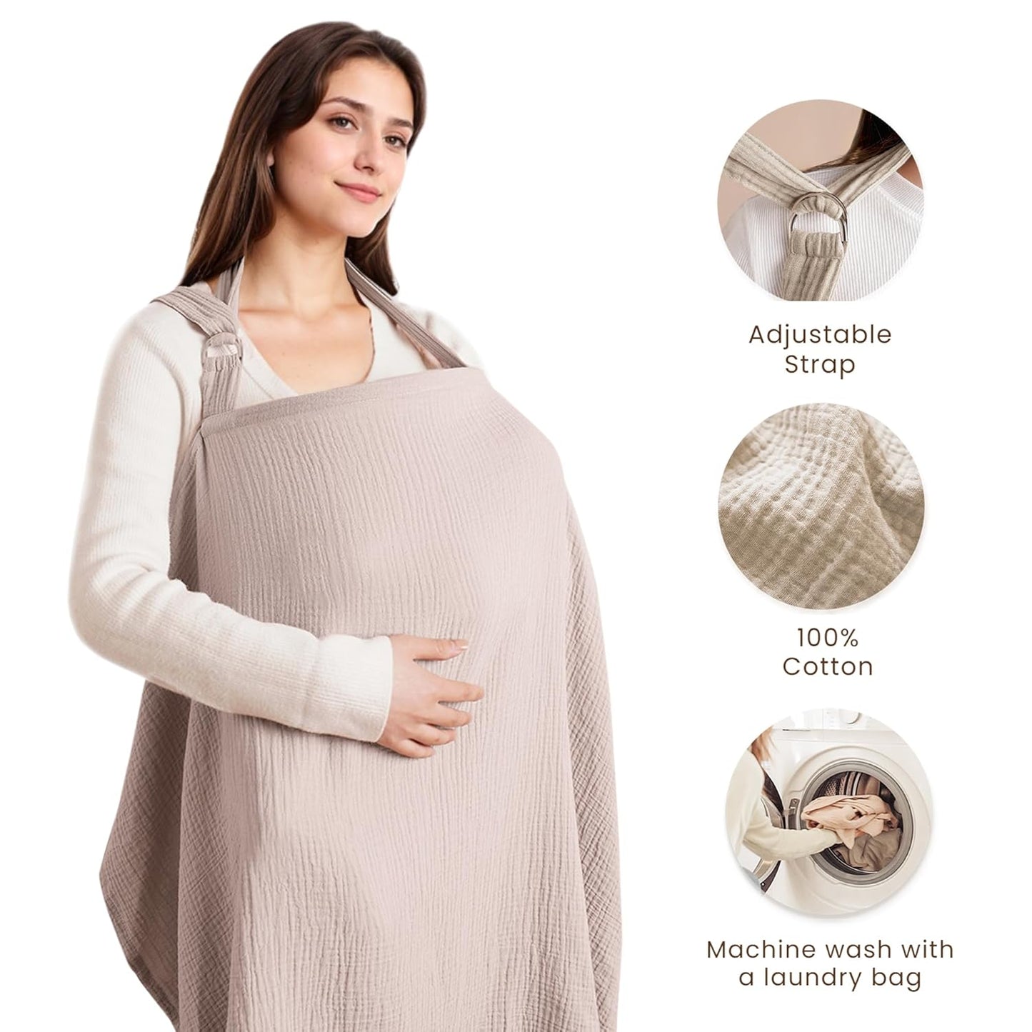Konssy Muslin Nursing Cover for Baby Breastfeeding, Breathable 100% Cotton Breastfeeding Cover with Rigid Hoop for Mother Nursing Apron, Multi-use Carseat Canopy (Taupe)