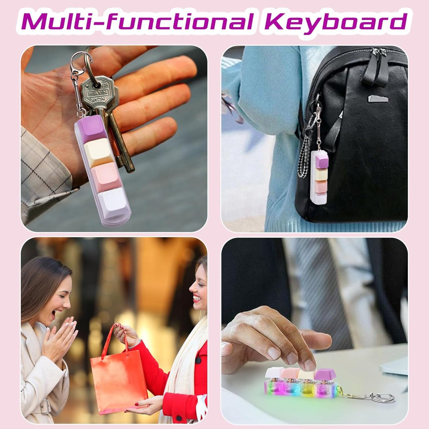 Keyboard Fidget Toys Adults Fidget Keyboard Clicker with LED Light Keychain Sensory Toys for Anxiety Stress Relief (Macaron1, 4 in 1)