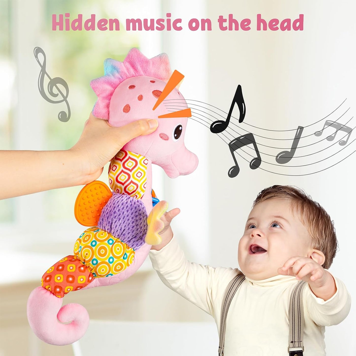 LIGHTDESIRE Baby Toys Musical Seahorse,Infant Stuffed Animal Toys with Crinkle and Rattles,Soft Sensory Toys with Textures for Tummy Time Newborn Boys Girls 0 3 6 12 Months(Pink)