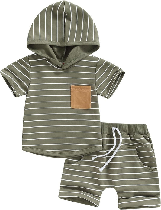 Toddler Baby Boy Summer Hooded Outfit Contrast Color Short Sleeve T Shirt Top Elastic Shorts Summer Clothes Set