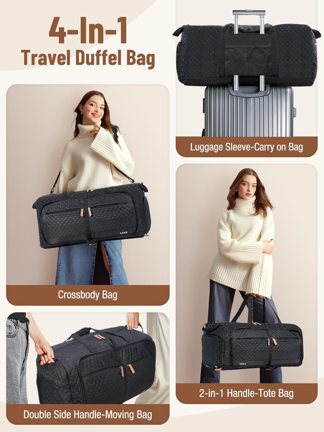 Lekesky Foldable Travel Duffel Bag for Women, 80L Large Duffle Bag with Separate Shoes Compartments & Straps, Carry On Weekend Bag for Women, Hospital, Overnight(Black Quilted)