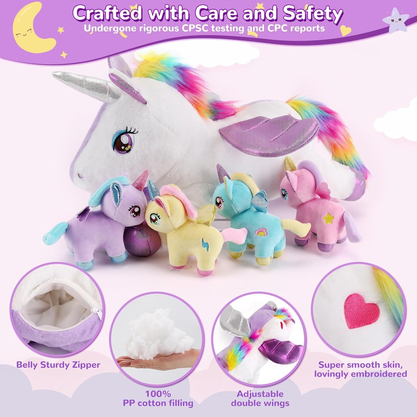 5 Pieces Unicorn Stuffed Animals - 1 Mommy Stuffed Unicorn with 4 Babies - Unicorns Gifts for Girls Ages 3 4 5 6 7 8, Unicorns Plush Toys for Christmas, Valentine's, Birthday Gifts (Purple)