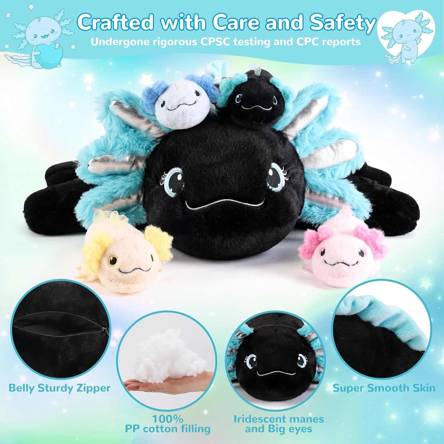 5 Pieces Axolotl Stuffed Animals with Babies Inside Belly - 1 Mommy Stuffed Axolotl with 4 Babies - Black Axolotls Plush Toy for Kid Age 3-8, Gift Ideal for Christmas, Valentine's, Birthday