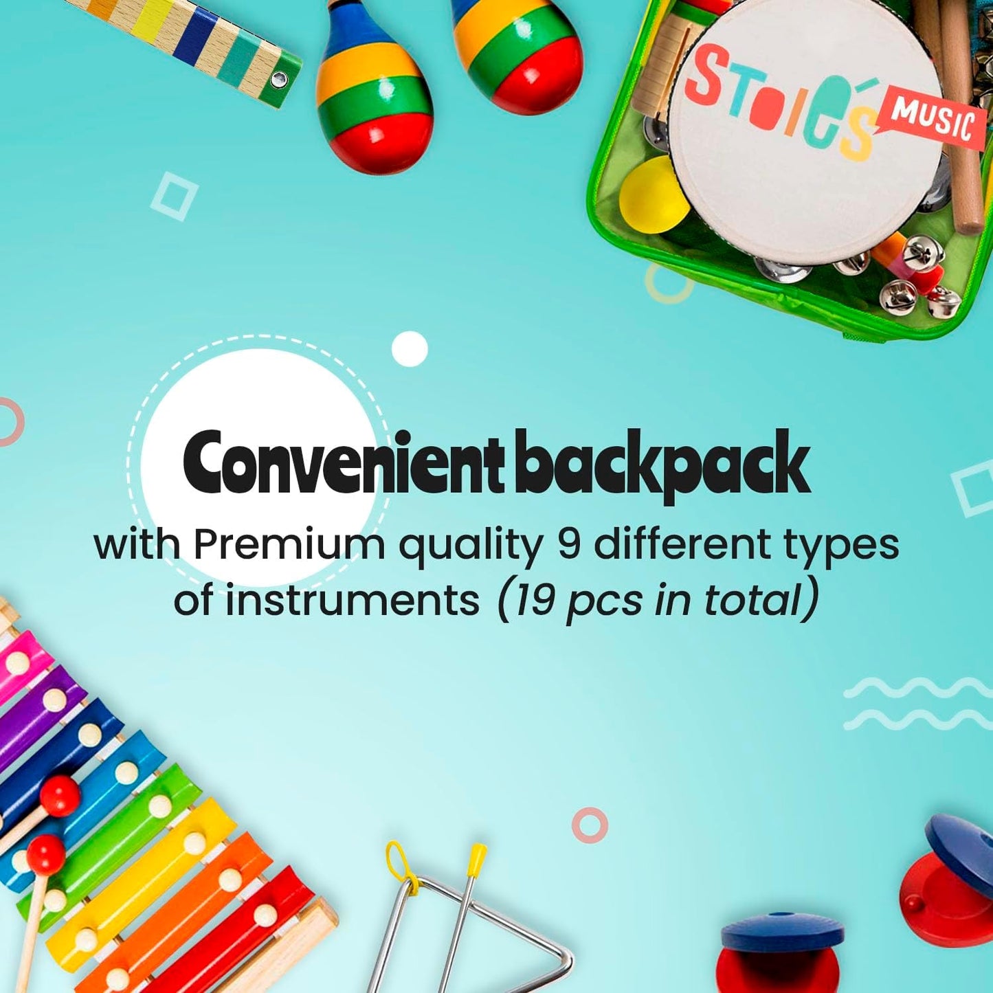 Stoie's Wooden Kids Musical Instruments for 1-5 Years Old, Baby Percussion Toys with Xylophone, Maracas, Tambourine, Durable, Safe to Play, Clear Sound, Bright Rainbow Colors, with a Storage Backpack