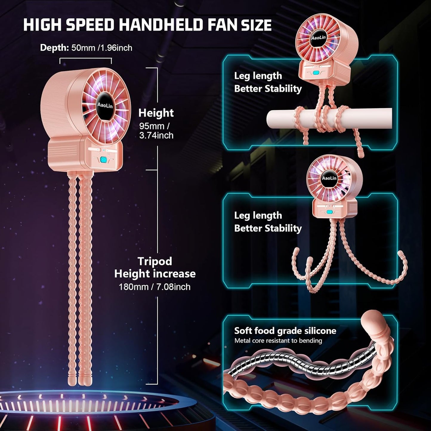 2 Pack Multifunctional Portable Stroller Fan 4 Speed 6600rpm High Speed Usb Rechargeable Personal Mini Handheld Fan Extended Tripod For Desktop Winding Kids Bed Treadmill Bike Golf Cart Outdoor Travel