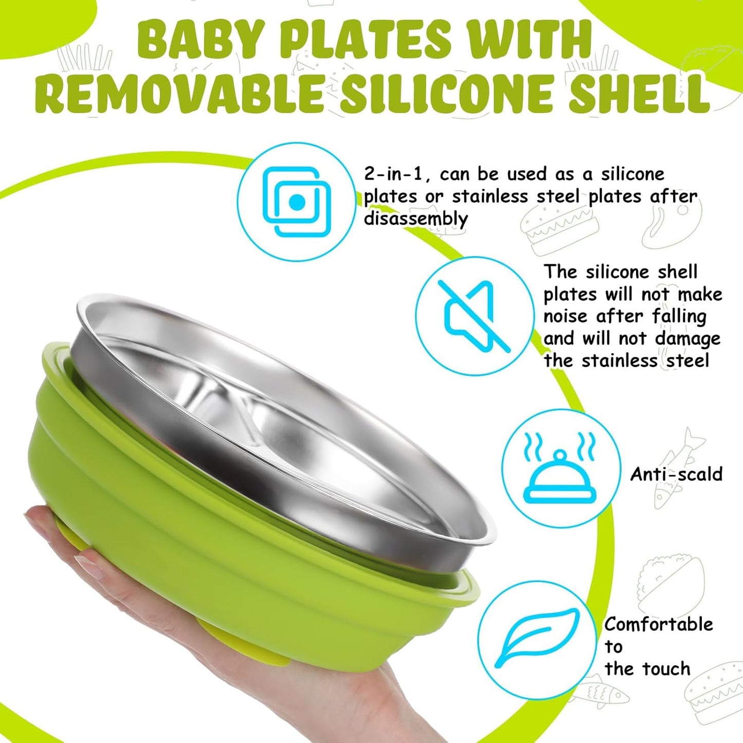 Nuogo 2 Pcs Stainless Steel Baby Suction Plates with Removable Silicone Shell 2-in-1 Metal Toddler Bowl Divided for Picky Eaters Kids Feeding Led Weaning Supplies, Dishwasher Safe (Green, Blue)