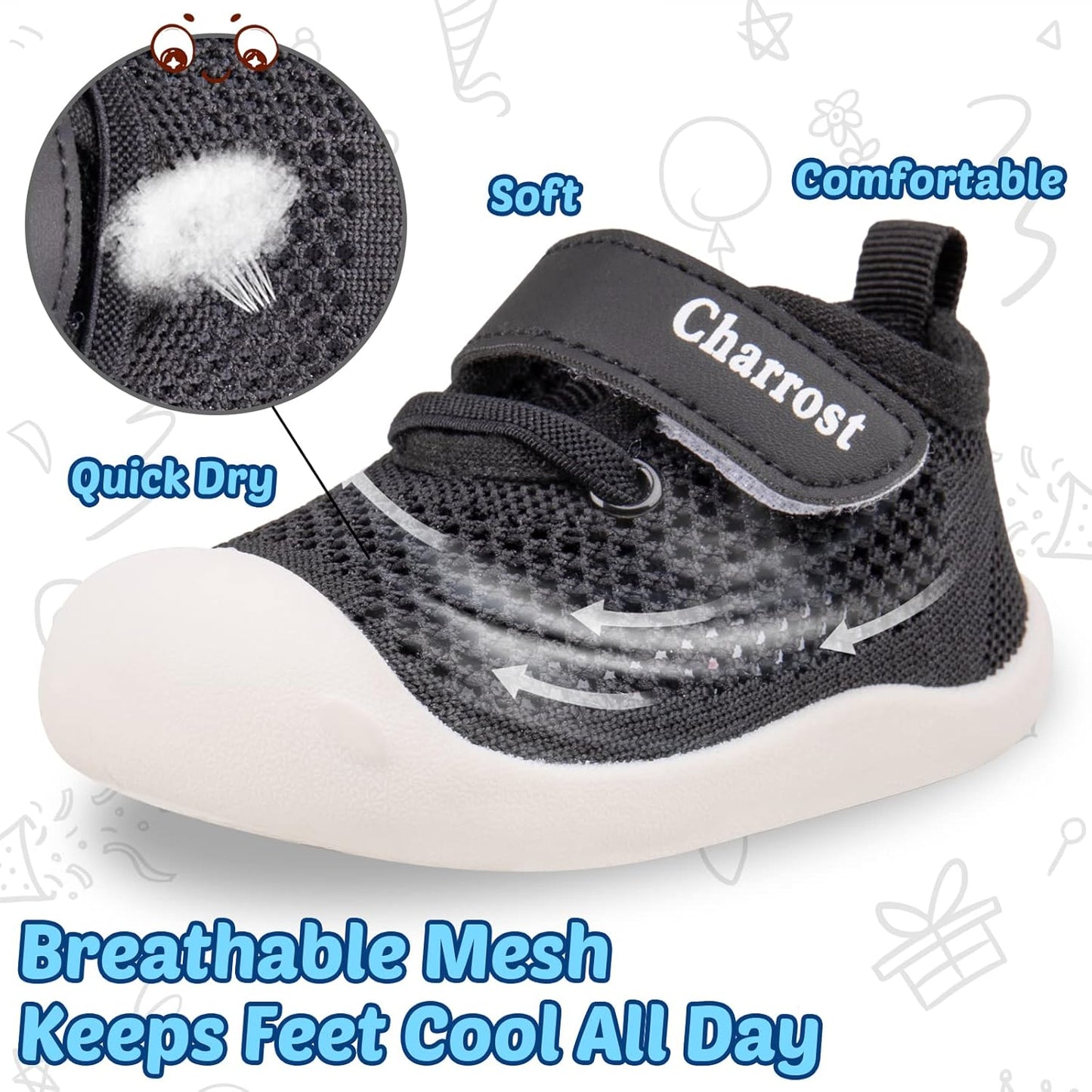 Baby First-Walking Shoes 1-4 Years Kid Shoes Trainers Toddler Infant Boys Girls Soft Sole Non Slip Cotton Canvas Mesh Breathable Lightweight TPR Material Slip-on Sneakers Outdoor