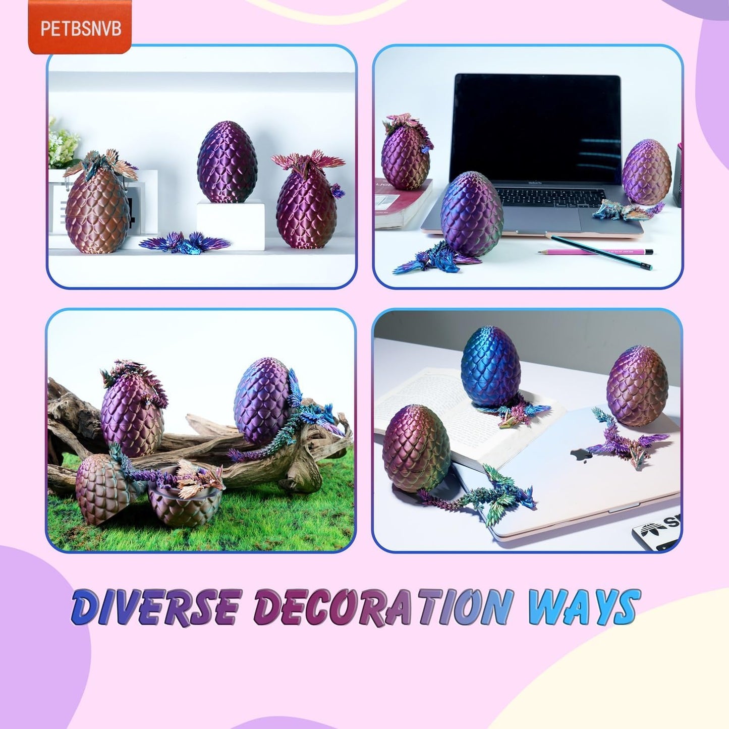 3 Colors 7" 3D Printed Dragon with Wings in Egg, Easter Basket Stuffers, Crystal Dragon Surprise in Eggs, Articulated Dragon, Dragon Fidget Toy, Home Office Decor Executive Desk Toy (Purple)