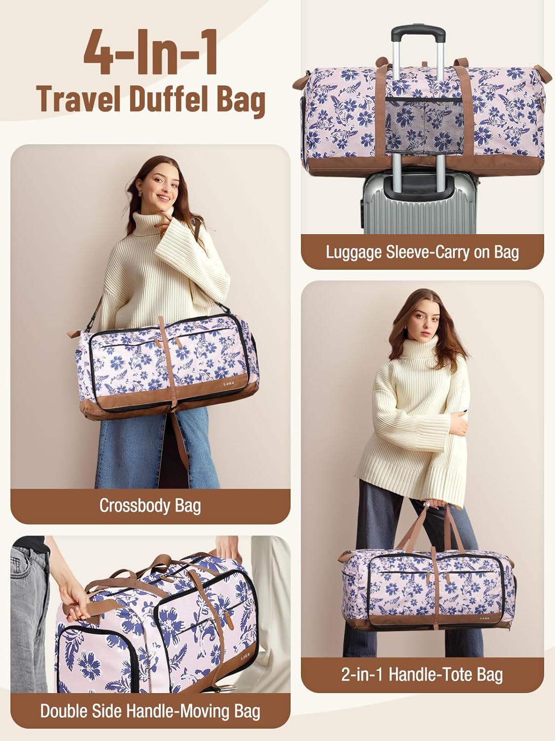 Lekesky Foldable Travel Duffle Bag for Women, Large Duffel Bag with Separate Shoes Compartments & Straps, Carry On Weekend Bag for Women, Hospital, Overnight (Pink Floral Print, 80L)