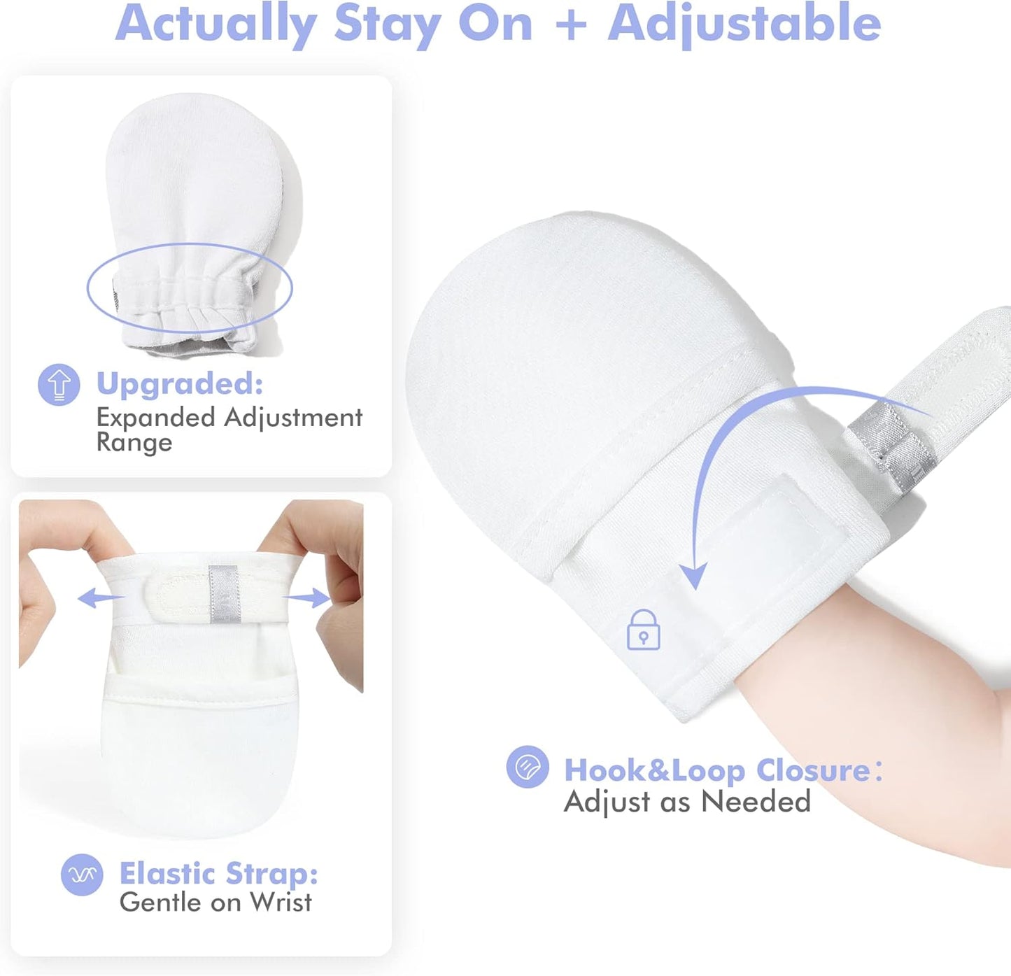 HAPIU Baby No Scratch Mittens Stay On, 100% Cotton Breathable, Adjustable Infant Gloves for Boys Girls, Newborn - 12 M