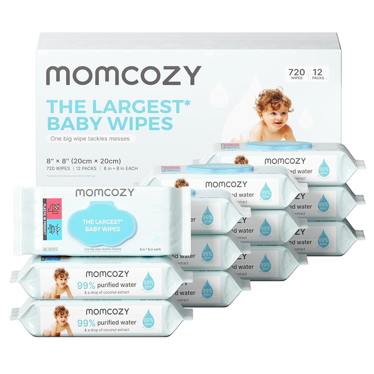 Momcozy Baby Wipes-Extra Large Size Design, 99% Water Based, Unscented & Hypoallergenic, Cleansing & Moisturizing Baby Wipes for Sensitive Skin, 12 Flip-Top Packs (720 Wipes Total)