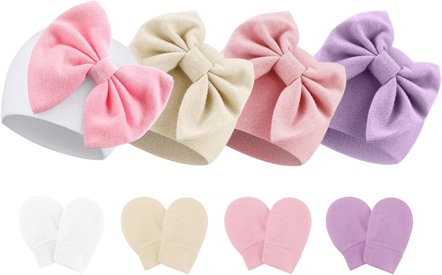 BQUBO Newborn Baby Hats Mittens Set Hospital Hat Beanie Infant Bow Hats Baby Gloves No Scratch Mittens for 0-6 Months