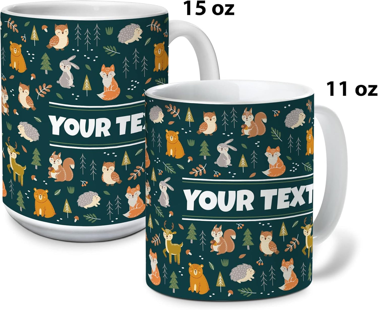 Personalized Mug for Kids - Woodland Animals - Custom Name/Text, Ceramic Hot Chocolate/Cocoa/Coffee Cup for Boys/Girls, Birthday/Christmas/Holiday Gift - 15 oz, Black Handle