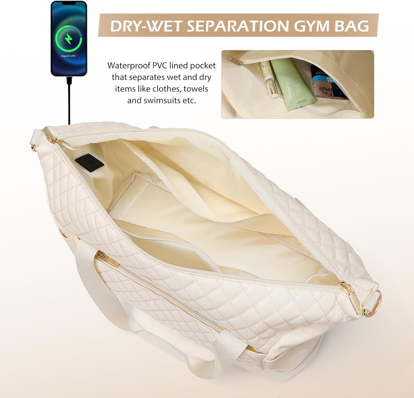 Travel Duffel Bags for Women Weekender Overnight Duffle Bag with Wet Pocket Shoes Compartment Carry on Tote Bag for Business,Trips,Travel,Sports,Gym,Yoga,Hospital,3 Pcs Set, 43L,Beige