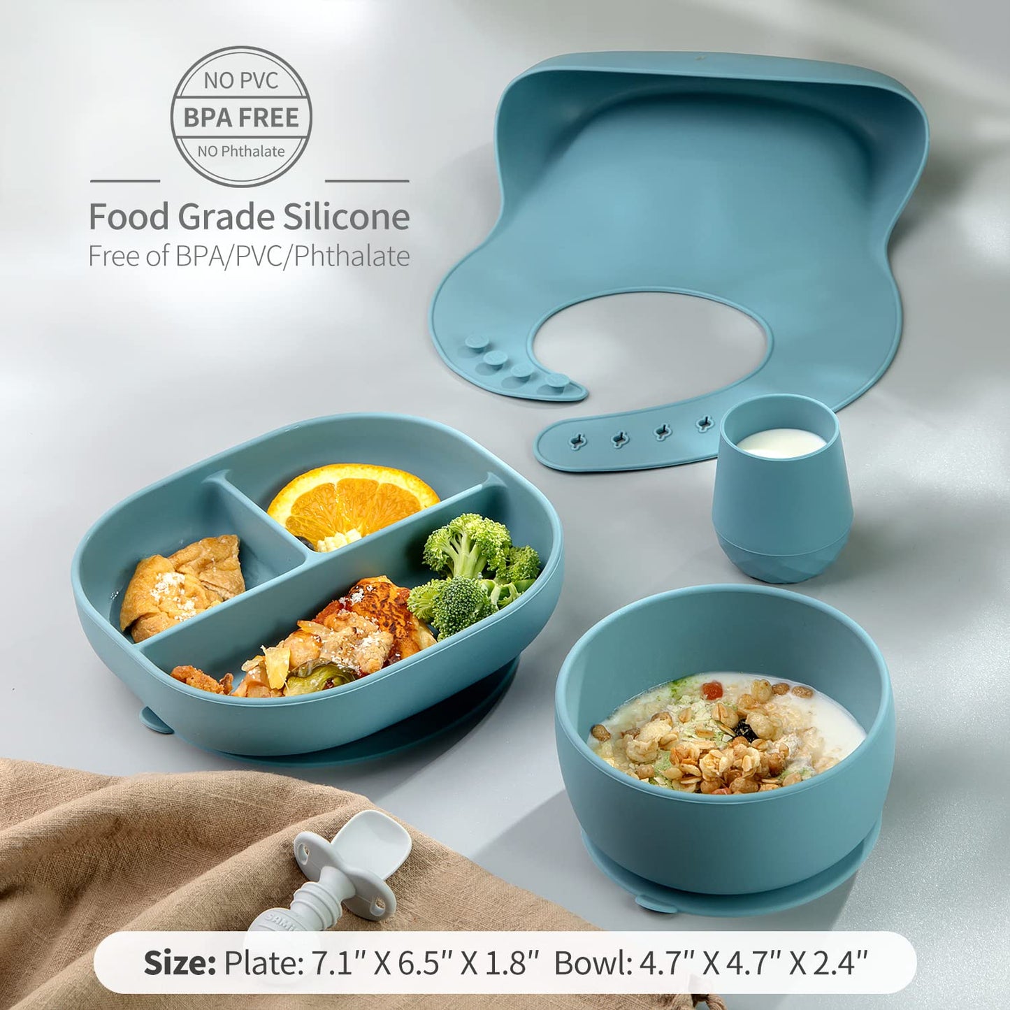 SAMiGO Silicone Baby Feeding Set, Baby Led Weaning Supplies, Suction Bowl Plate Bib Cup Self Feeding Spoons, Solid Food Eating Essentials, First Stage Utensils, 6+ Months