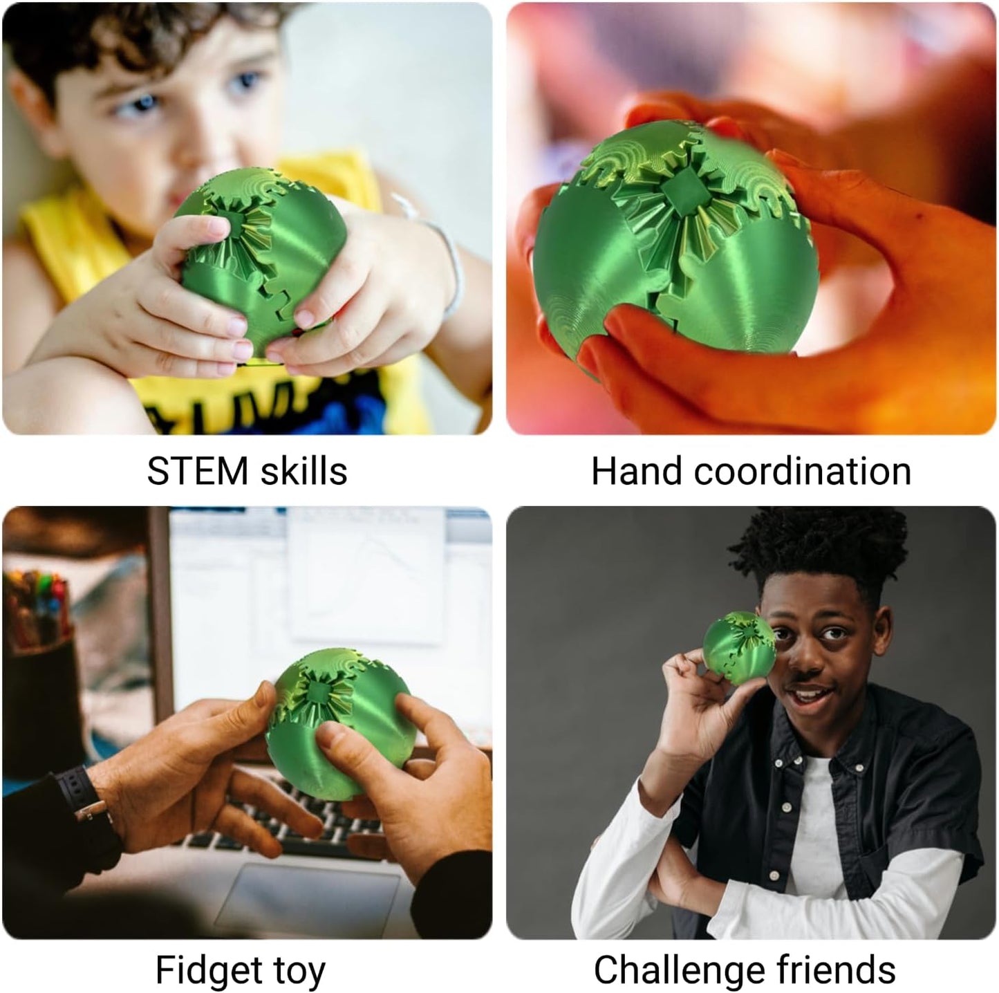 3D Printed Gear Ball, Gear Sphere Fidget Toy Stress Relif Toy for ADHD, Anxiety Relaxing Toy for Adults at Work/Study/Travel, Yellow-Green