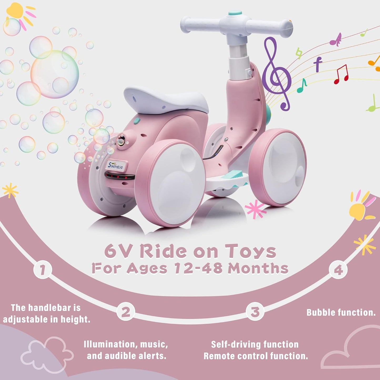 6V Electric Baby Balance Bike with Bubble Machine,4 in 1 Toddler Balance Bike w/Remote Control for 1 Year Old Boys Girls Kids Bubble Bike Ride on Toys w/Powered Motor,Music,LED Lights (Pink)