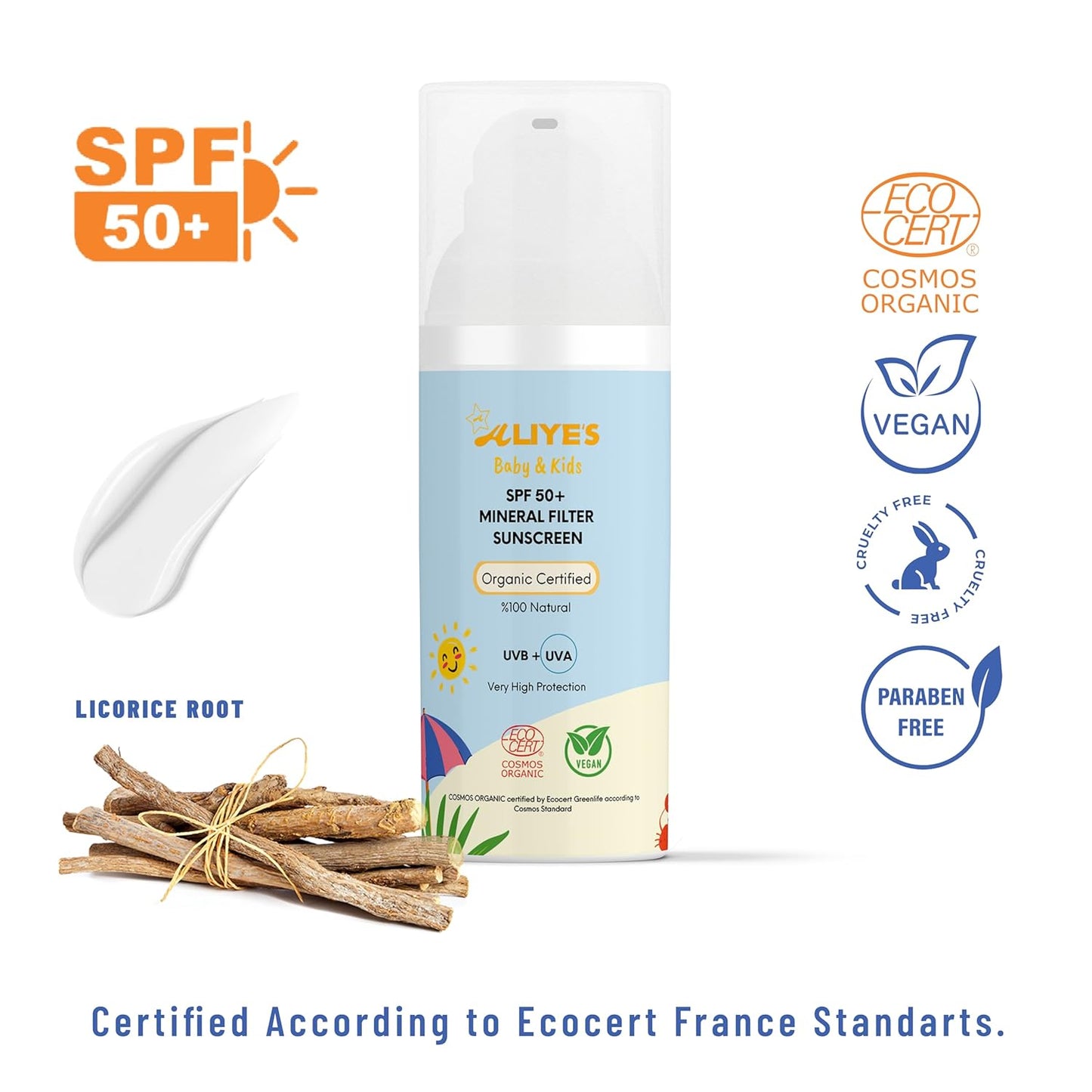 ALIYES SPF 50+ Organic Baby&Kids Mineral Sunscreen – Safe for Babies - Water Resistant Sun Cream – Broad Spectrum UVA/UVB Sun Protection – Vegan Baby Sunscreen Lotion, 1.69 FL