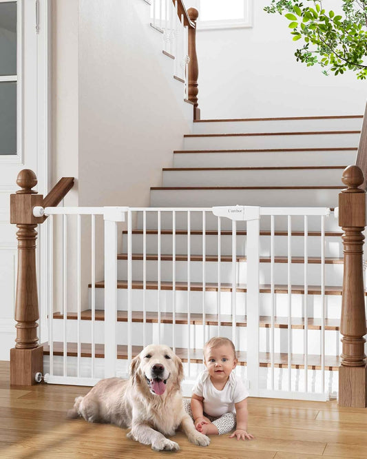 Cumbor 29.7-54.2" Wide Baby Gate for Stairs, Mom's Choice Awards Winner-Self Closing Dog Gate Indoor for Doorways, No Drilling Pressure Mounted Pet Gates for Kids, Easy Walk Through Safety Gate, White