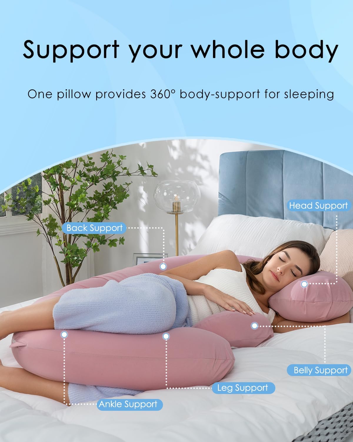 QUEEN ROSE Cooling Pregnancy Pillows, E Shaped Maternity Pillow for Sleeping, with Extra Wedge Pillow for Belly Support, 60 Inch Full Body Pillow, Pink