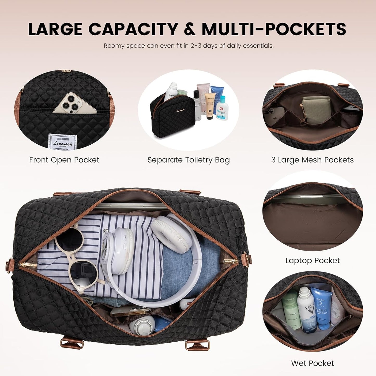 LOVEVOOK Travel Duffle Bag,Weekender Bags for Women with Shoe Compartment，Carry on Overnight Bag with Toiletry Bag,Gym Duffel Bag with Wet Pocket, Hospital Bags for Labor and Delivery