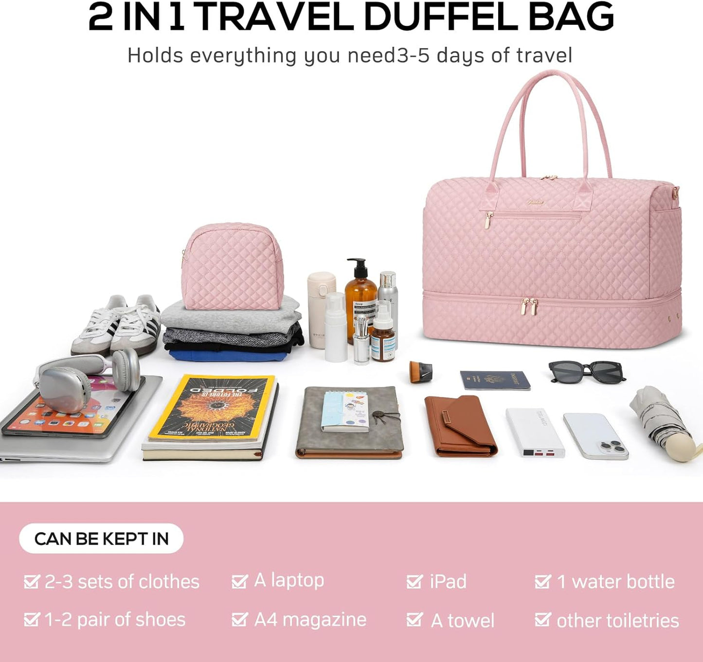 Travel Weekender Bags for Women - Large Duffle Bag with Shoe Compartment Carry On Overnight Bag with Toiletry Bag Pink Duffel Bags with Wet Pocket for Gym Hospital Bags for Labor and Delivery