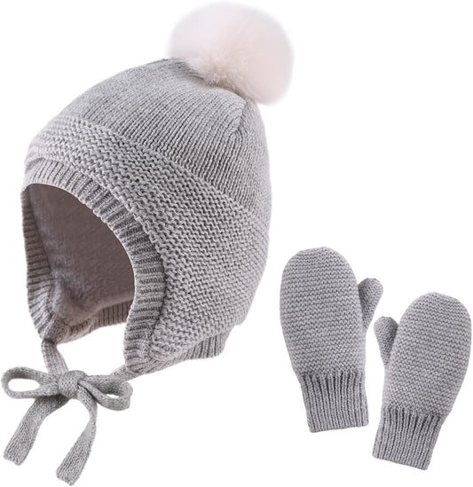Basic Winter Baby Beanie Gloves Boys Girls Knitted Hat Pompom Kids Earflap Hats Warm Infant Toddler Beanie Mittens Set