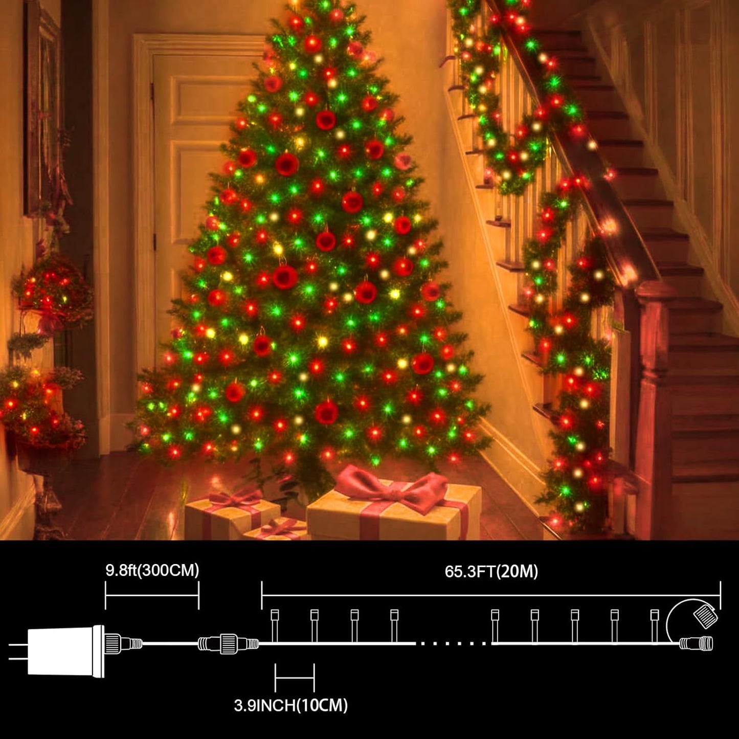 66ft Christmas Decorative Mini Lights, 200 LED Transparent Wire Fairy Starry String Lights Plug in, 16 Lighting Modes for Outdoor Xmas Tree Wedding Party Decoration (Red Green Warm)