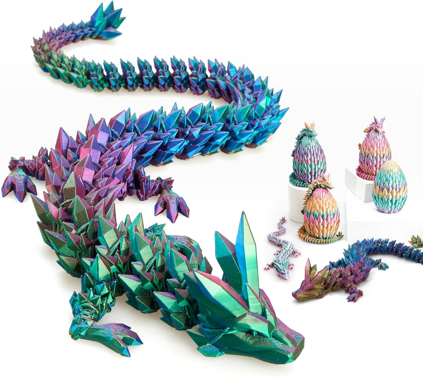 Large 24" 3D Printed Dragon,Articulated Crystal Dragon,3D Dragon Toy,Dragon Collection, Executive Desk Decor (Blue-Green-Purple