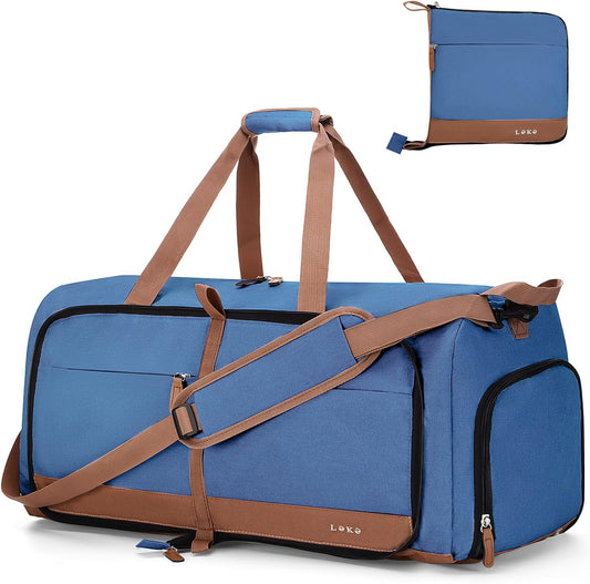 Lekesky Foldable Travel Duffel Bag for Women, 80L Large Duffle Bag with Separate Shoes Compartments & Straps, Carry On Weekend Bag for Women, Hospital, Overnight(Navy Blue)